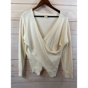 Ivy Fuzzy Faux Wrap Deep V Neck Cream  Sweater